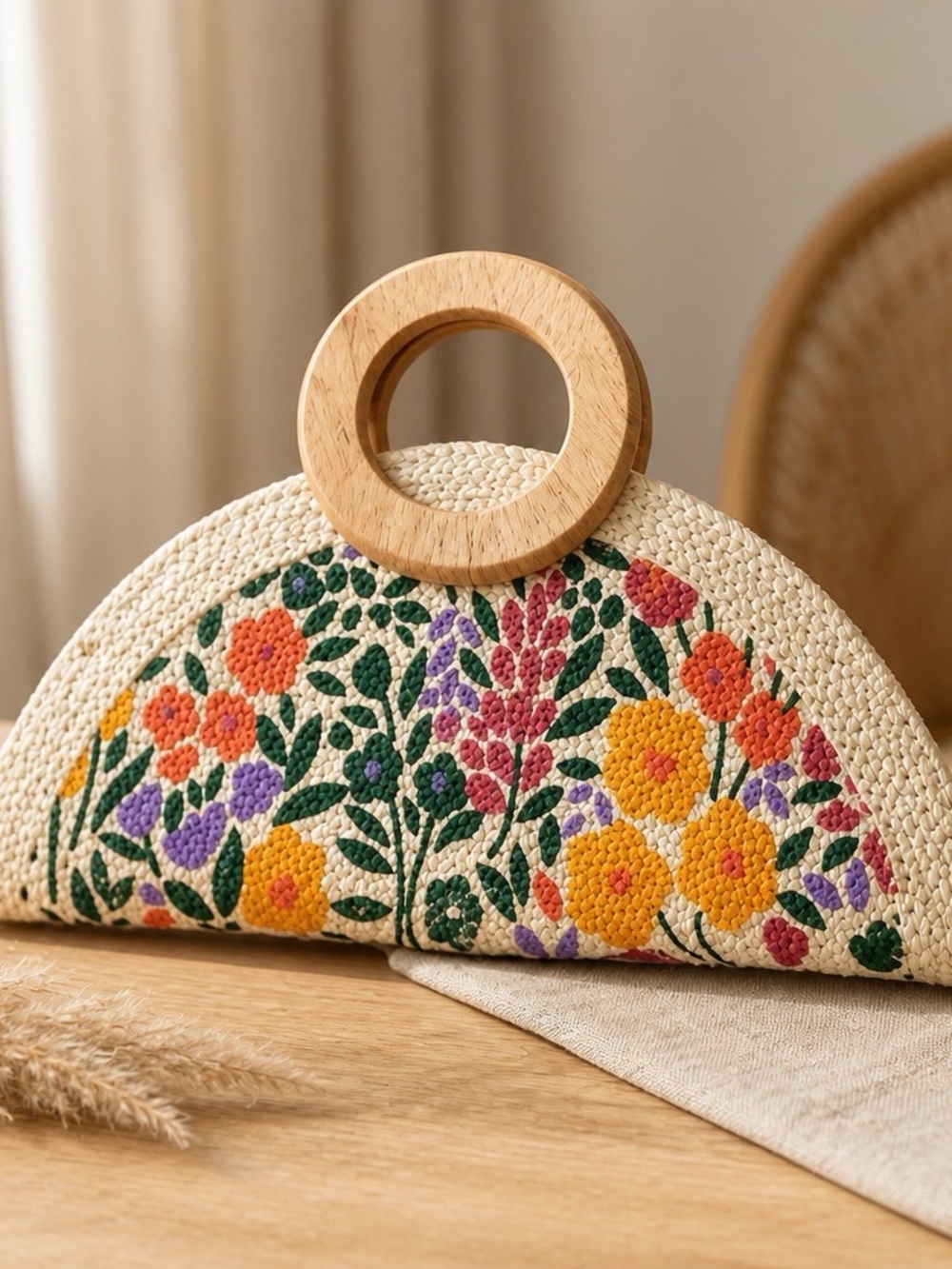 Antik Kraft Jute Flower Design Clutch boho festival purse cross body new !!